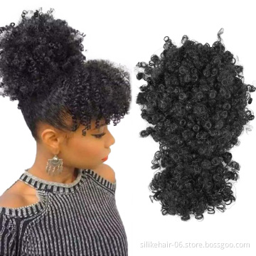 High Puff Drawstring Short Brown Pony Tail Warp Bun Afro Kinky Curly Wig Ponytail Chignon With Bang Synthetic Hair Extensions
